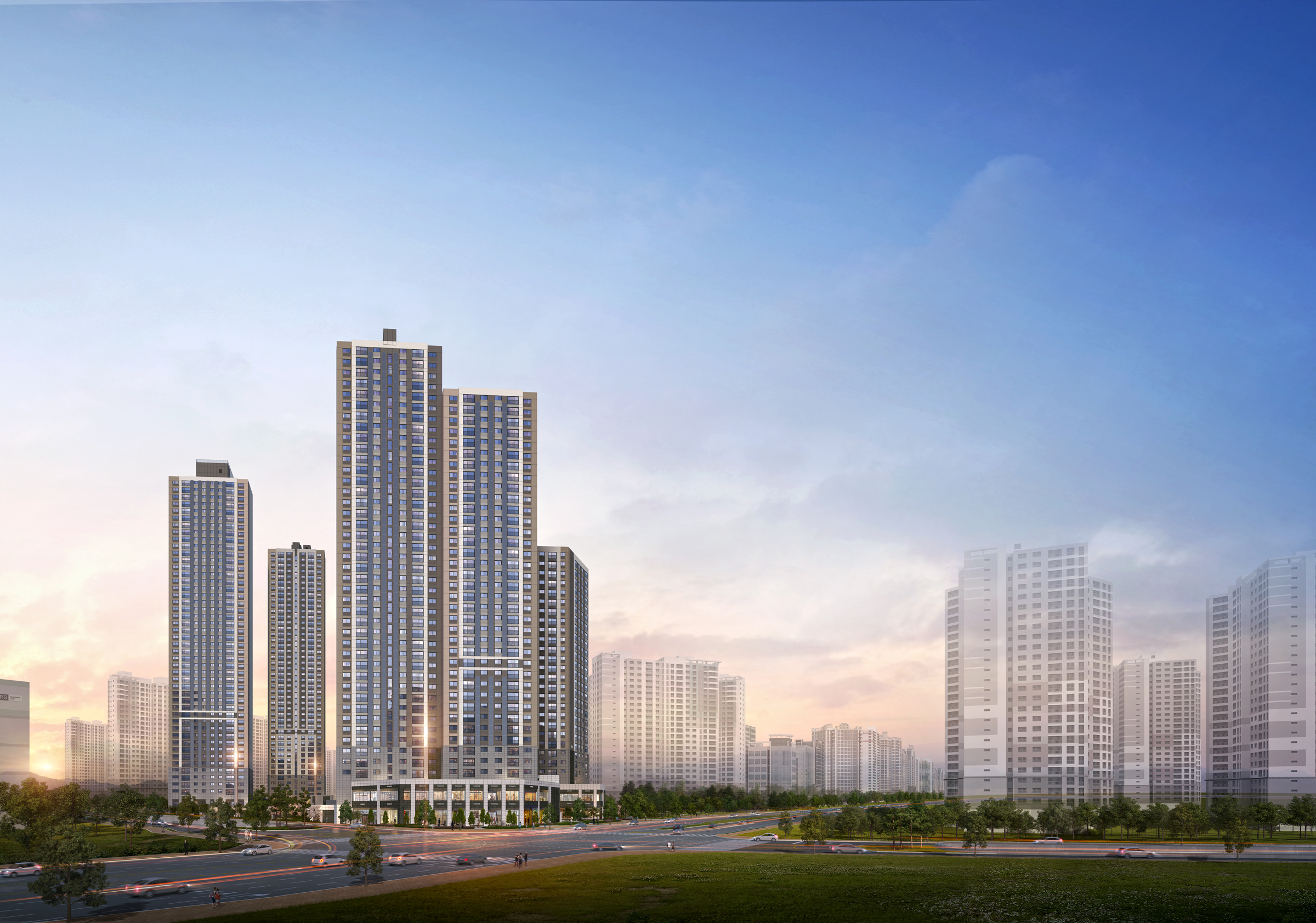 화성동탄2 C14 아파트와 주변 녹지를 보여주는 공식 조감도